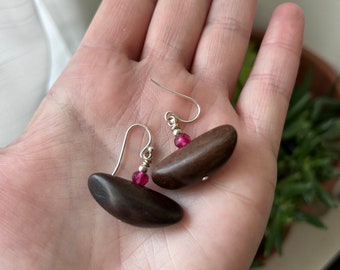 Dark Wood and Pink Glass Earrings