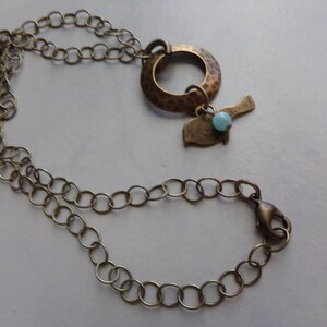 Hammered Brass Circle Bird Charm Necklace with Amazonite image 2