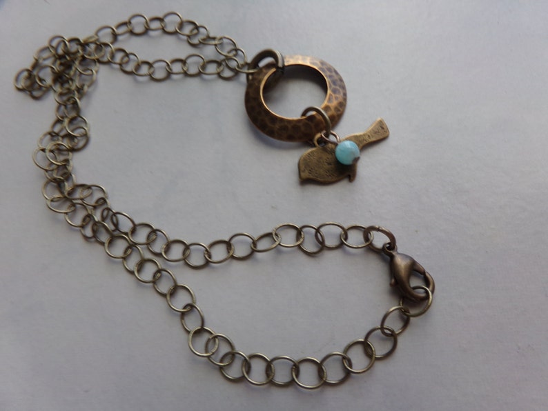 Hammered Brass Circle Bird Charm Necklace with Amazonite image 2