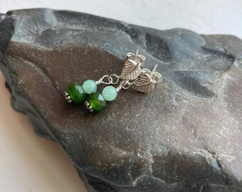 Sterling Leaf Studs With Light Green and Dark Green Aventurine