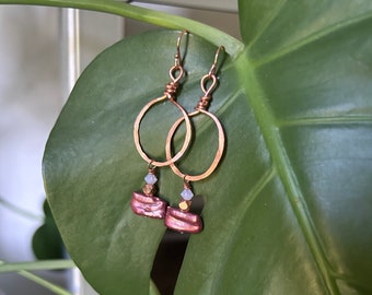 Copper Freshwater Pearl and Swarovski Crystal Earrings