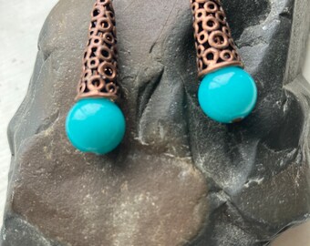 Artistic Copper Cone Earrings woth Turquoise Colored Stone
