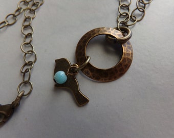 Hammered Brass Circle Bird Charm Necklace with Amazonite