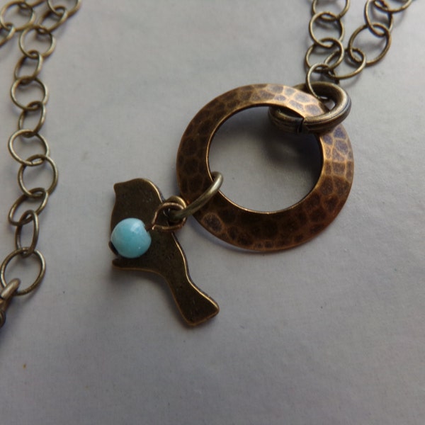 Hammered Brass Circle Bird Charm Necklace with Amazonite