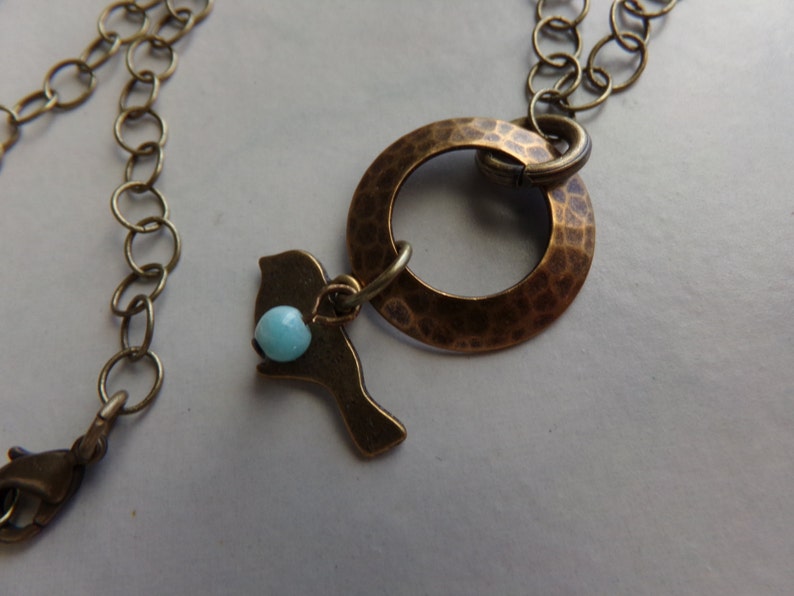 Hammered Brass Circle Bird Charm Necklace with Amazonite image 1