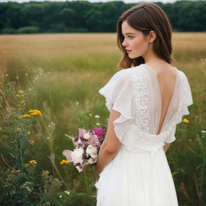 Whispering Chiffon Simple Flutter Sleeve Wedding Dress with Deep V Back