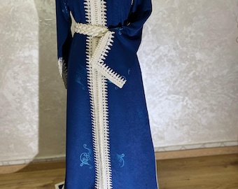 Blue Moroccan Kaftan: Silver Sfifa Embroidery, M/L