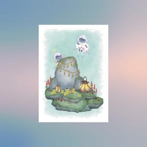 May include: An illustration depicts a whimsical scene with floating figures and a rocky island. The island features lanterns, candles, and red flowers. Two figures are near the rock, and one is floating above. The color palette includes blues, greens, and yellows.