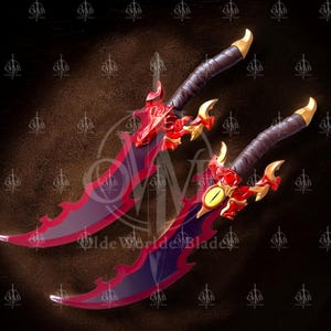 May include: Two fantasy daggers with curved blades. The blades are a deep purple with a red, jagged edge. The handles are wrapped in brown leather, and the guards are ornate red and gold. One dagger features a yellow eye.