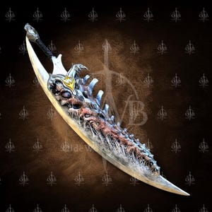 May include: A fantasy sword with a curved, silver blade. The hilt is black, and the blade features intricate, textured details in shades of red, blue, and silver, with a gold accent near the hilt. The design has a skeletal and organic appearance.
