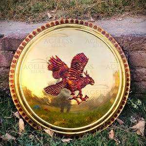 Op de afbeelding: Een rond, goudkleurig schild met een reliëf van een rode adelaar. Het schild heeft een decoratieve rand met een herhalend patroon. Het schild ligt op een groene grasmat.