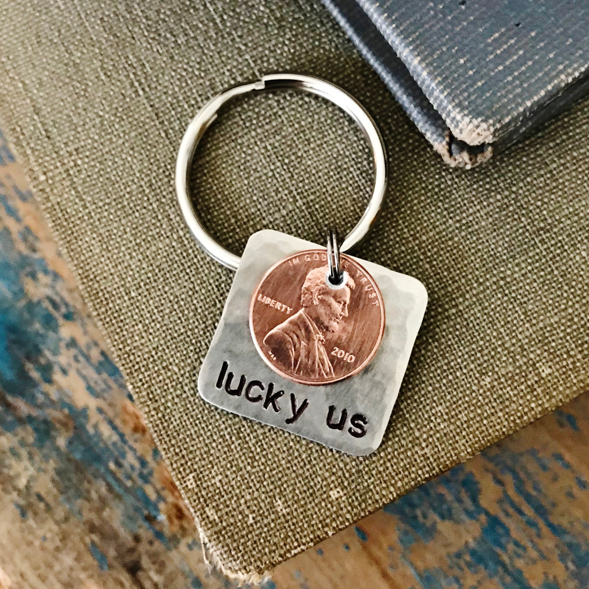 Lucky Us Stamped Penny Keychain Hand Stamped Date Key Ring Etsy