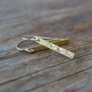 Hammered Gold Bar Stick Earrings, Simple Minimalist Gold Drop Earrings, Lightweight, Everyday Modern Jewelry