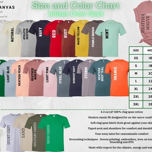 K&ouml;nnte beinhalten: Gr&ouml;&szlig;en- und Farbtabelle f&uuml;r Unisex-T-Shirts mit Rundhalsausschnitt. Die Tabelle zeigt verschiedene Farben und Gr&ouml;&szlig;en von T-Shirts sowie die entsprechenden Breiten- und L&auml;ngenma&szlig;e in Zoll. Die Tabelle enth&auml;lt auch Informationen &uuml;ber den Stoff und die Pflegehinweise.