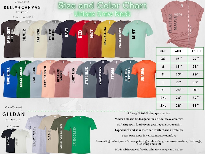 K&ouml;nnte beinhalten: Gr&ouml;&szlig;en- und Farbtabelle f&uuml;r Unisex-T-Shirts mit Rundhalsausschnitt. Die Tabelle zeigt verschiedene Farben und Gr&ouml;&szlig;en von T-Shirts sowie die entsprechenden Breiten- und L&auml;ngenma&szlig;e in Zoll. Die Tabelle enth&auml;lt auch Informationen &uuml;ber den Stoff und die Pflegehinweise.