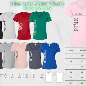 K&ouml;nnte beinhalten: Gr&ouml;&szlig;en- und Farbtabelle f&uuml;r Damen-V-Ausschnitt-T-Shirts. Die Tabelle zeigt die Breite und L&auml;nge in Zoll f&uuml;r die Gr&ouml;&szlig;en S, M, L, XL, 2XL und 3XL. Die Tabelle zeigt auch die verschiedenen verf&uuml;gbaren Farben, darunter Schwarz, Wei&szlig;, Rot, Kellygr&uuml;n, Dunkelgrau, Athletikgrau, Pfirsich, Marineblau, Royalblau und Pink.
