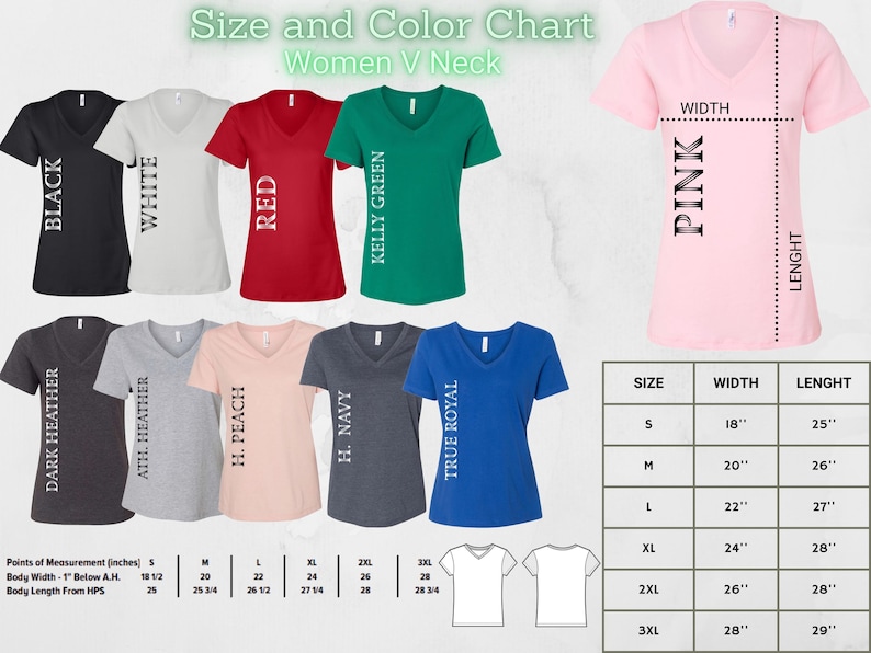 K&ouml;nnte beinhalten: Gr&ouml;&szlig;en- und Farbtabelle f&uuml;r Damen-V-Ausschnitt-T-Shirts. Die Tabelle zeigt die Breite und L&auml;nge in Zoll f&uuml;r die Gr&ouml;&szlig;en S, M, L, XL, 2XL und 3XL. Die Tabelle zeigt auch die verschiedenen verf&uuml;gbaren Farben, darunter Schwarz, Wei&szlig;, Rot, Kellygr&uuml;n, Dunkelgrau, Athletikgrau, Pfirsich, Marineblau, Royalblau und Pink.