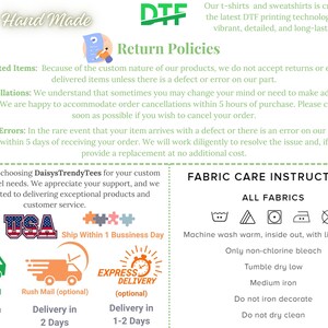 K&ouml;nnte beinhalten: Eine Grafik mit Informationen zu kundenspezifischen bedruckten Artikeln, Bestellabbr&uuml;chen, M&auml;ngeln oder Fehlern sowie Pflegehinweisen f&uuml;r Stoffe. Die Grafik enth&auml;lt eine handgezeichnete Abbildung einer Hand, eine US-Flagge und Symbole f&uuml;r Standardversand, Expressversand und Expresslieferung. Der Text enth&auml;lt die Ausdr&uuml;cke "Hand Made" und "DTF".