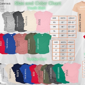 K&ouml;nnte beinhalten: Gr&ouml;&szlig;en- und Farbtabelle f&uuml;r T-Shirts f&uuml;r Kinder, Kleinkinder und Babys. Die Tabelle zeigt die verschiedenen Farben und Gr&ouml;&szlig;en f&uuml;r jede Art von T-Shirt. Die Farben umfassen Schwarz, Wei&szlig;, Rot, Marineblau, Royalblau, Athletik-Heather, Natur, Heather Mauve, Milit&auml;rgr&uuml;n, Kellygr&uuml;n, Dunkel-Heather und Pink.