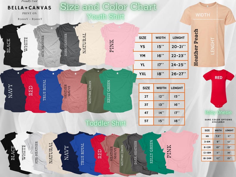 K&ouml;nnte beinhalten: Gr&ouml;&szlig;en- und Farbtabelle f&uuml;r T-Shirts f&uuml;r Kinder, Kleinkinder und Babys. Die Tabelle zeigt die verschiedenen Farben und Gr&ouml;&szlig;en f&uuml;r jede Art von T-Shirt. Die Farben umfassen Schwarz, Wei&szlig;, Rot, Marineblau, Royalblau, Athletik-Heather, Natur, Heather Mauve, Milit&auml;rgr&uuml;n, Kellygr&uuml;n, Dunkel-Heather und Pink.