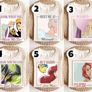 K&ouml;nnte beinhalten: Sechs wei&szlig;e T-Shirts mit verschiedenen Disney-Charaktergrafiken und Text. Die Shirts zeigen Charaktere wie Maleficent, Cinderella und Ariel. Der Text auf den Shirts enth&auml;lt S&auml;tze wie "Look What You Made Me Do", "Meet Me At Midnight" und "Wildest Dreams".