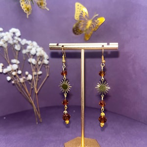 Golden Sunburst Earrings (Small Charm) - Handmade, unique, beautiful, celestial, witchy, crystals, beads, charms
