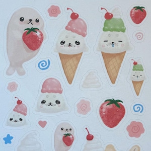 Sweet Seals art sticker sheet - drawn by me / seals, desserts, ice cream