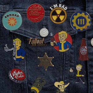 Retro Dystopian Pin Pack Cola Bottle, Atomic Symbol & Adventure Icons Enamel Pins