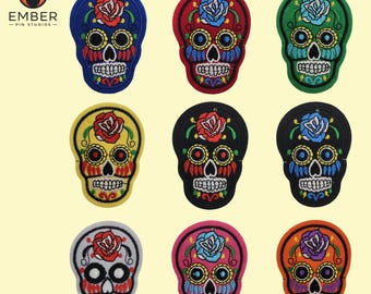Parche bordado de calavera de azúcar colorida – Parche termoadhesivo de calavera floral del Día de Muertos – Aplicación de estilo gótico bohemio