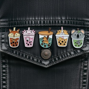 Cute Animal Boba Tea Enamel Pins Set Of 5 – Fox, Axolotl, Capybara, Hamster & Koala Kawaii Bubble Tea Accessories - Pin Badges