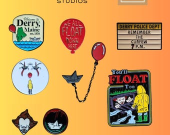 Insignias de globo de payaso espeluznante, barco de papel y ciudad distópica inspiradas en IT de Stephen King