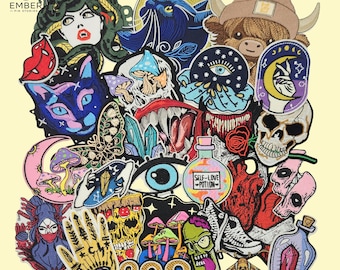 Colección de parches bordados / Parches góticos, de brujas y adorables / Diseños de calaveras, setas, gatos y Medusas / Accesorios de moda alternativa