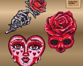 Parche termoadhesivo rosa gótica / Parche rosa calavera / Parche cara corazón / Parche bordado rojo / Estilo de tatuaje alternativo / Individual o juego de 3