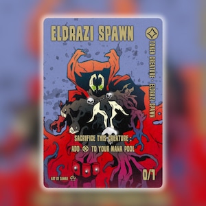 Peut inclure: Carte de jeu avec Eldrazi Spawn. Fond violet, illustration d'une créature démoniaque rouge et noire. Texte : "ELDRAZI SPAWN" et instructions de jeu. Le texte "SACRIFICE THIS CREATURE" est également visible.