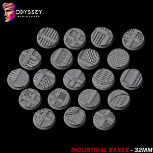 May include: A set of 16 gray plastic 32mm round bases with different industrial-themed designs. The bases are perfect for miniature wargaming.