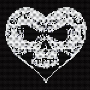 May include: A black and white cross-stitch design of a skull in the shape of a heart.