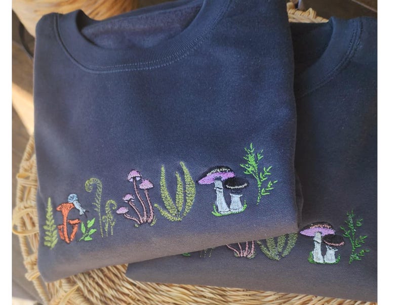 Embroidered Fern & Mushroom Sweatshirt: Nature-Inspired Cottagecore image 1