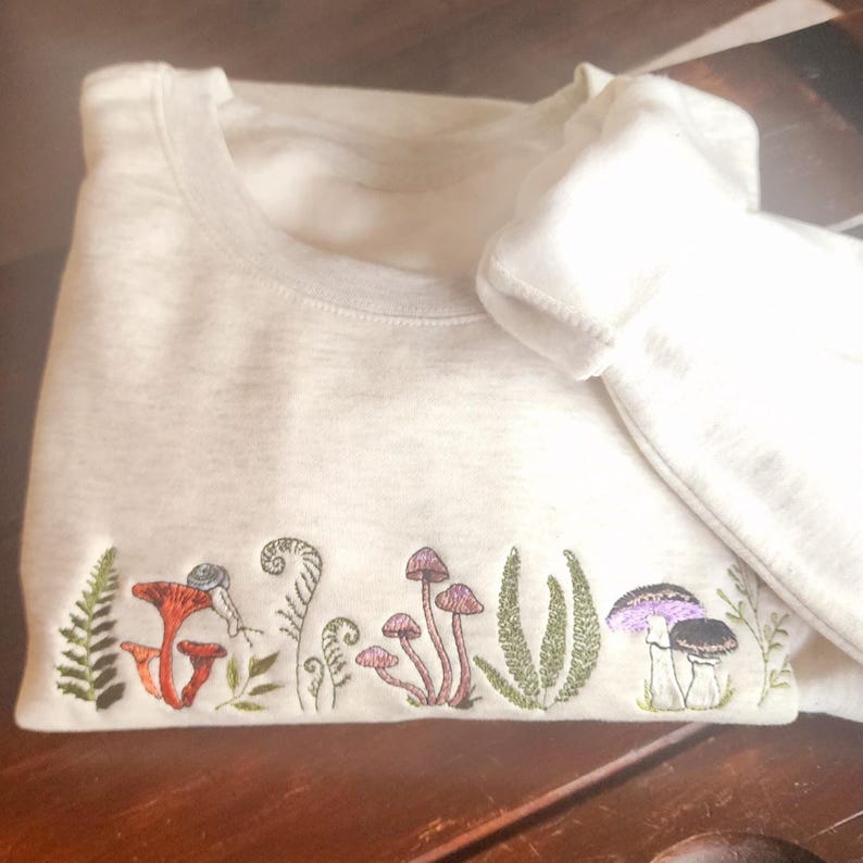 Embroidered Fern & Mushroom Sweatshirt: Nature-Inspired Cottagecore image 7