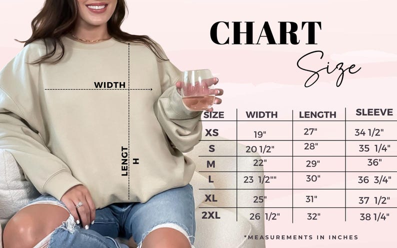 May include: Size chart for a sweatshirt with measurements in inches for width, length, and sleeve length. Sizes include XS, S, M, L, XL, and 2XL.