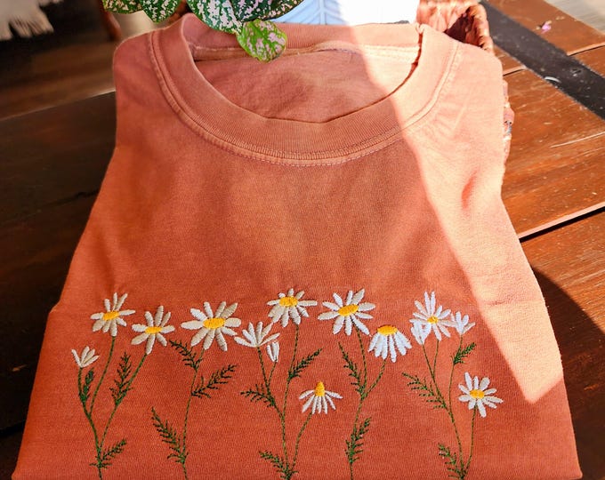 Daisy Embroidered Comfort Colors T-Shirt: Cottagecore Floral Tee