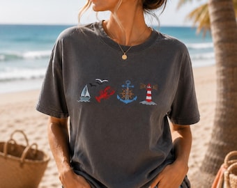 Embroidered Nautical Shirt: Coastal Lighthouse, Lobster & Sailboat Tee