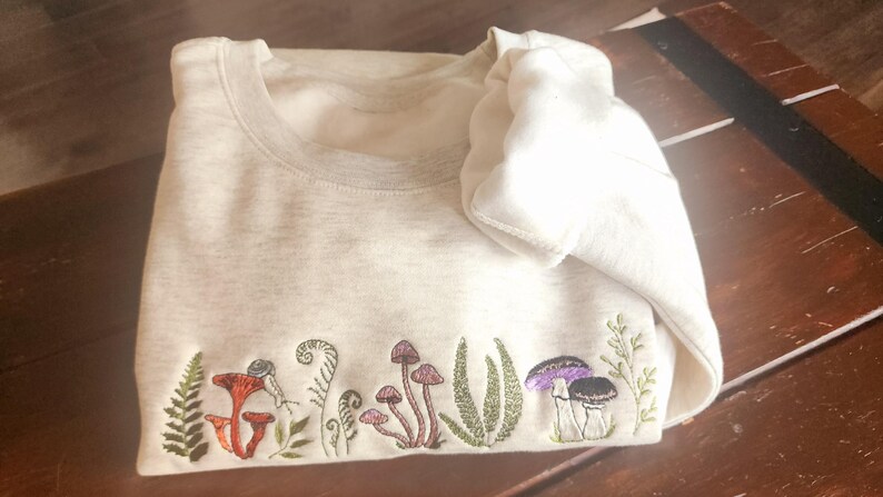 Embroidered Fern & Mushroom Sweatshirt: Nature-Inspired Cottagecore image 3