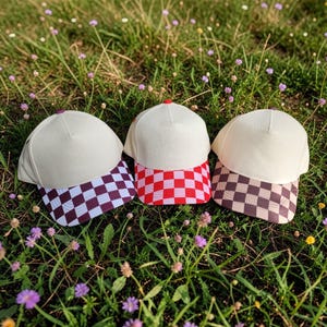 Custom Script Embroidered Canvas Snapback Hat – Checkered Brim Pony Cap / Gifts for Mom Grandma