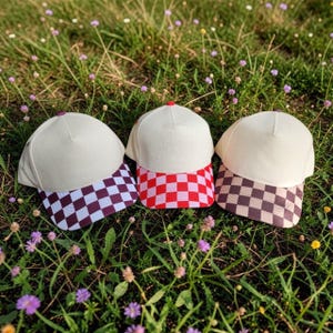 Custom Script Embroidered Canvas Snapback Hat – Checkered Brim Pony Cap / Gifts for Mom Grandma