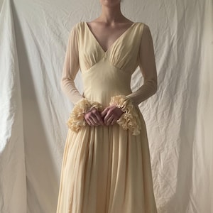 90s Vintage Chiffon Silk Wedding Gown: Ruffled Sleeves, Drop Waist