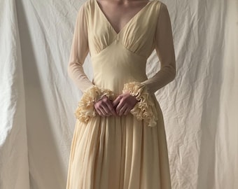 90s Vintage Chiffon Silk Drop Waist Ruffled Sleeves Vintage Wedding Gown 1990s Wedding Dress Summer Silk Wedding Dress