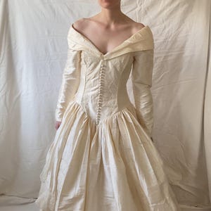 Vintage 90s Raw Silk Wedding Dress: Off-Shoulder Princess Gown