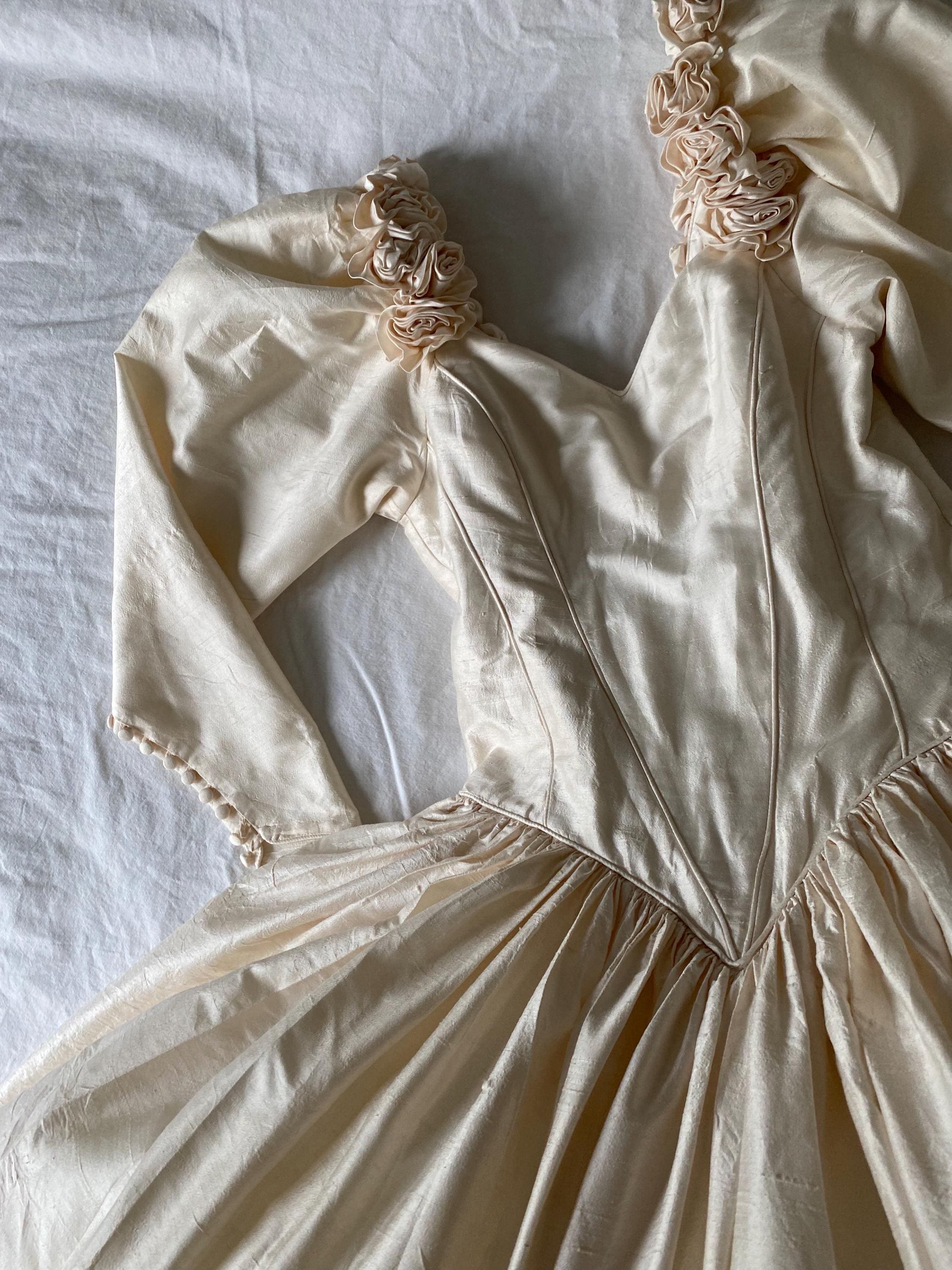 RESERVED UNTIL 8/27 Stunning 1980s Silk Wedding Dress Rosette Neckline Train with Bow Long Sleeves