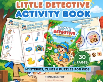 Puede incluir: Un libro de actividades Little Detective imprimible de 30 páginas con misterios, pistas y rompecabezas para niños. La portada muestra a un detective de dibujos animados con una lupa y un cachorro, mientras que las páginas interiores muestran juegos.