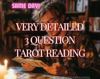May include: A person in a patterned shirt holds tarot cards over a table with spread cards and candles. Text reads: SAME DAY! VERY DETAILED 3 QUESTION TAROT READING. The bottom right corner includes the text TRANQUILREADINGS.